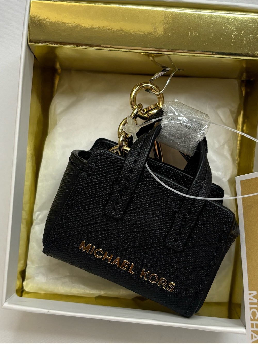 Michael Kors Black Mini Saffiano Leather Tote Charm with Gold Hardware
